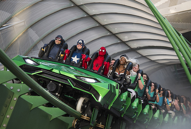 The Marvel Super Heroes and a crowd of excited guests celebrated the official reopening of the thrilling, smash hit attraction, The Incredible Hulk Coaster at Universal’s Islands of Adventure.  After a special countdown to the ride’s reopening, the Marvel Super Heroes led guests inside the attraction and became the first official riders on the newly revamped coaster. The Incredible Hulk Coaster now features thrilling new enhancements that make one of the world’s best roller coasters even more incredible.  Enhancements include a brand-new ride vehicle, a new, original storyline and completely redesigned queue experience, and an all-new onboard ride score produced by Patrick Stump, front man for the internationally-renowned rock band, Fall Out Boy. For more information, check out the official Universal Orlando blog at blog.UniversalOrlando.com.